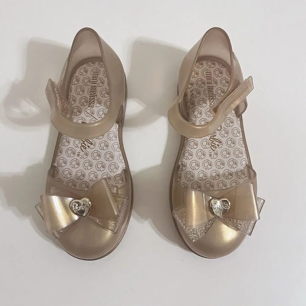 Mini Melissa Amy x Barbie Gold Mary Jane Bow Sandal Shoes Toddler Girls Size 10